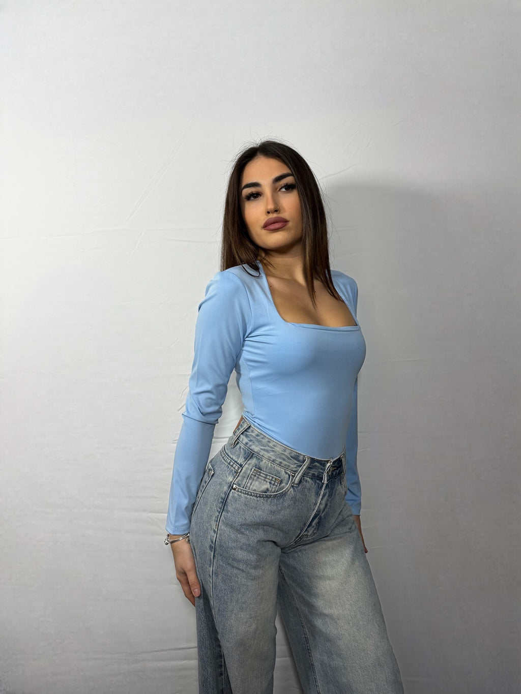 Body Scollo Squadrato Celeste
