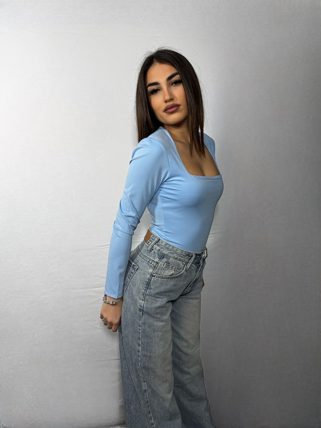 Body Scollo Squadrato Celeste