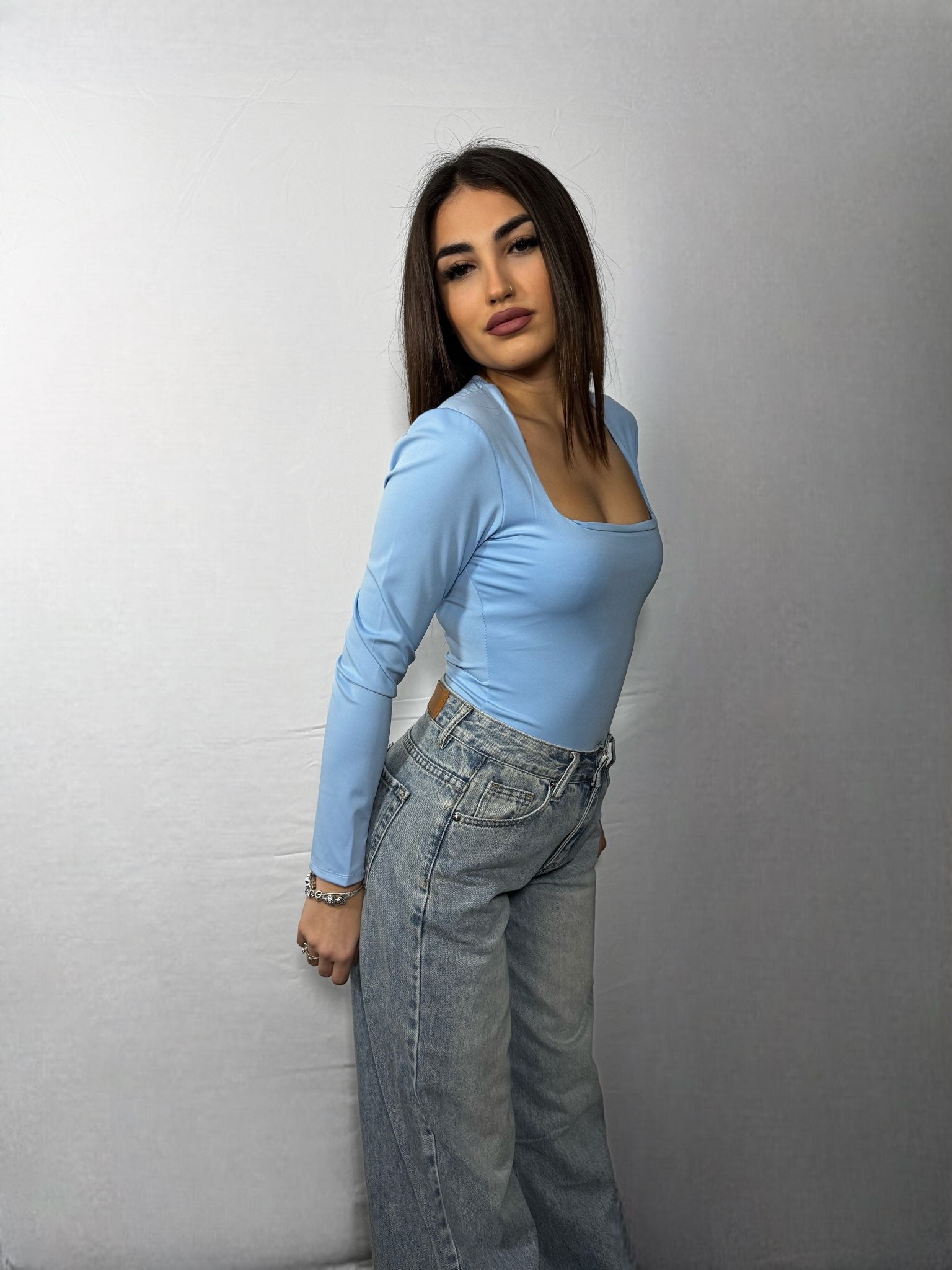 Body Scollo Squadrato Celeste