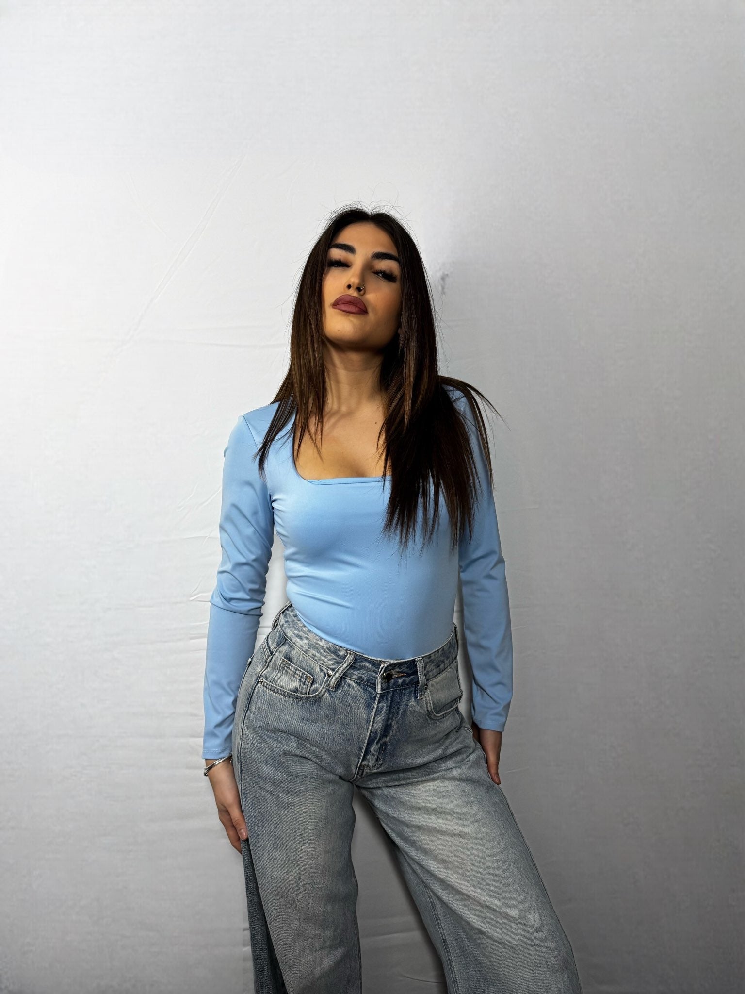 Body Scollo Squadrato Celeste